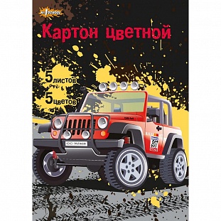 Картон цветной №1School, Jeep, 5л, 5цв, А4б мелов